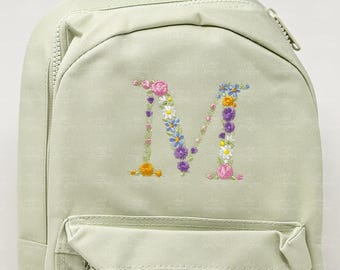 Personalised Floral Initial Mini Backpack - Custom Embroidered Children's Bag - Toddler Pre-school Rucksack - Starting Nursery