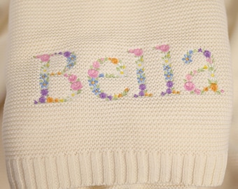 Baby blanket, Embroidered floral alphabet, knit blanket, newborn gift, knitted blanket for pram, beautifully embroidered custom name blanket