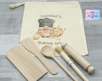 Child baking set, Personalised Kid's drawstring bag with wooden cooking utensils baking set, kitchen cooking gift set, gift for her Birthday