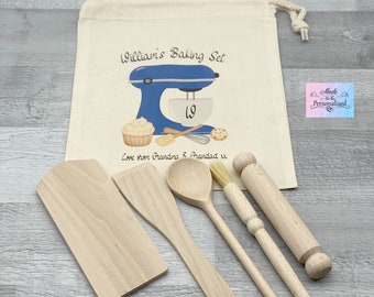 Child baking set, Personalised Kid's drawstring bag with wooden cooking utensils baking set, kitchen cooking gift set, Birthday, Christmas