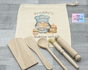 Child baking set, Personalised Kid's drawstring bag with wooden cooking utensils baking set, kitchen cooking gift set, Birthday gift for him