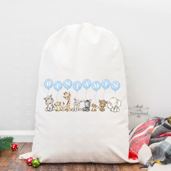 Personalised Toy Bag, safari animals, cloth storage bag, child’s bed room, new baby gift, nursery storage, jungle drawstring washing bag,