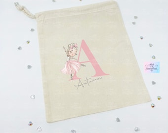 Personalised drawstring bag, Ballet initial, character bag, ballet shoe bag, dance shoes bag, birthday gift, ballerina gift