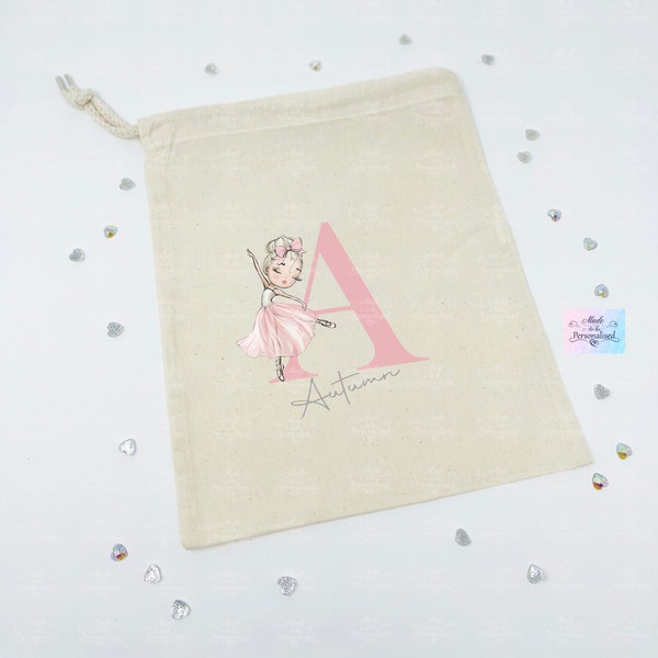 Personalised drawstring bag, Ballet initial, character bag, ballet shoe bag, dance shoes bag, birthday gift, ballerina gift