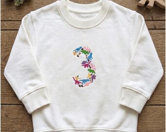 Dinosaur Birthday Sweatshirt, Embroidered Number Dino Crewneck, Roarsome T-Rex jumper, Kids Party Outfit