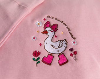 Silly Goose On The Loose embroidered jumper, cottagecore goose sweatshirt, pink sweater, fashion top, Christmas gift