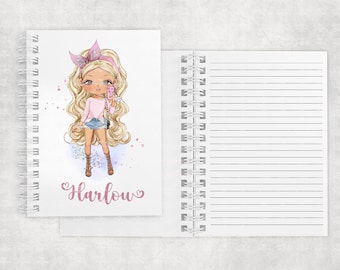 Personalised Kids Notebook, Back to school, Customised note book, Fashion Girl notebook, A5 wire bound note book, Christmas gift,