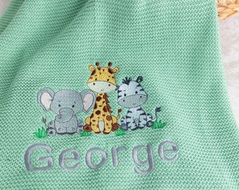 Personalized Safari Baby Blanket: Embroidered Cotton Newborn Gift