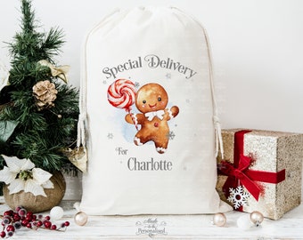 Personalised Santa sack, Christmas gift bag, Child's Xmas gift sack, Christmas eve box, Santa's toy bag, special delivery, Gingerbread man