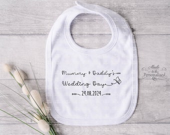 Personalised Wedding Day Baby Bib, new baby wedding guest, wedding breakfast, special occasion, Mummy & Daddy wedding, Velcro fastening back