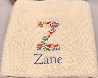 Dino Baby blanket, Embroidered Dinosaur alphabet, knit blanket, newborn gift, knitted blanket for pram, custom name blanket