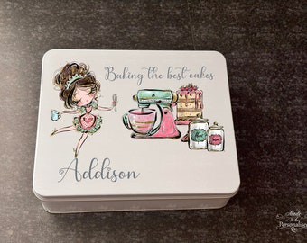 Cake tin & Kids baking set, baking with love, kitchen baking set, children cooking gift, personalised treat tin, Baker gift, Christmas gift