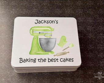 Baking tin, Kids wooden baking set, children cooking gift, personalised treat tin, Cake Baker gift, Christmas present
