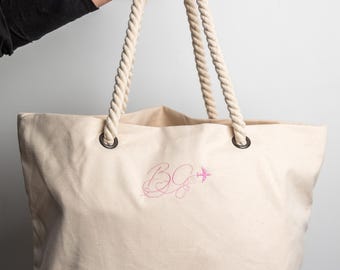 Embroidered Canvas Beach Bag: Personalized Honeymoon Travel Tote, Initials cotton bag