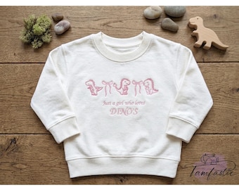Embroidered Girls Dinosaur Sweatshirt, Just a Girl Who Loves Dino's Sweatshirt, Pink bow T-Rex Pullover, Dino Lovers Kids Jumper