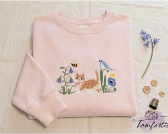 Cat Jumper, Spring Tabby Cat, wildflower meadow, Embroidered sweatshirt, cat lover gift, cute cat sweater