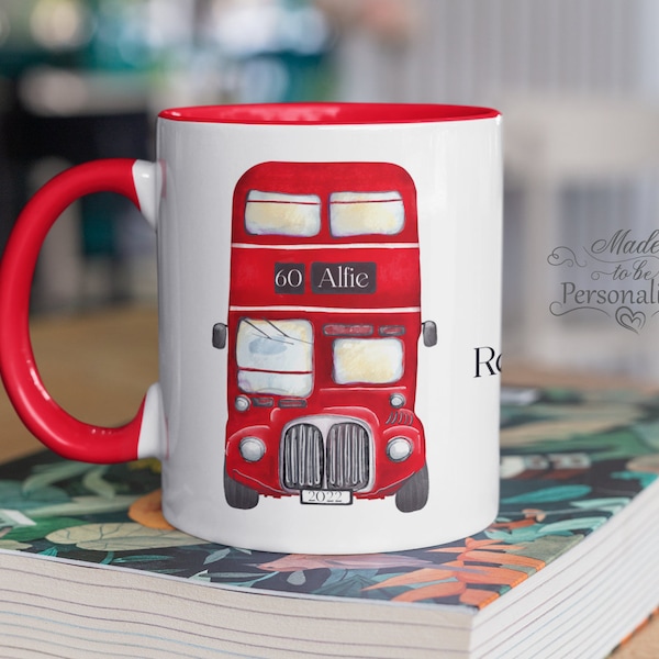Mug bus rouge personnalisé, mug bus rouge style Londres, cadeau de Noël, cadeau bus, tasse à café, cadeau d'anniversaire, cadeau de retraite, cadeau secret père Noël