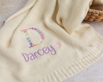 Embroidered Floral Initial Baby Blanket: Personalised new baby gift