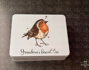 Personalised biscuit tin, Robin treat tin, baking box, gift for Grandma, Christmas gift for Grandad biscuits, Birthday gift, cake tin