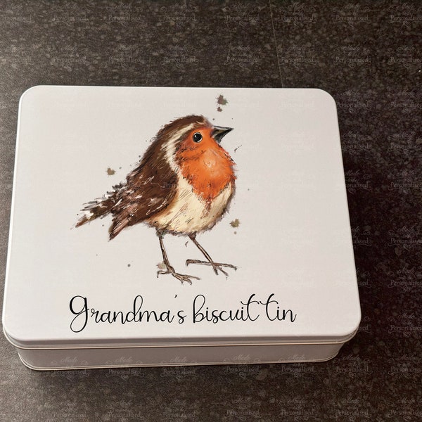 Personalised biscuit tin, Robin treat tin, baking box, gift for Grandma, Christmas gift for Grandad biscuits, Birthday gift, cake tin