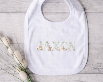 Personalised baby bib, forest animals alphabet bib, baby shower gift, new baby present, white cotton baby boy bib, custom gift for baby girl