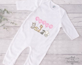 Personalised baby girls sleepsuit, safari animals, pink balloon, baby shower, new baby present, cotton baby grow, romper, gift for baby girl