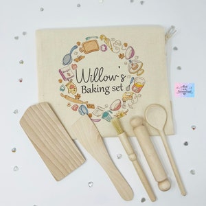 Kids baking set, personalised Children's Baking Set, personalised drawstring bag, wooden cooking utensils, baking set, kitchen gift.