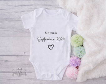 Personalised baby announcement, new baby coming soon, grandchild, grandparents, baby grow, white cotton vest, grandparent to be, see you in