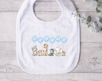 Personalised baby bib, safari animals with balloon, baby shower gift, new baby present, white cotton baby boy bib, custom gift for baby