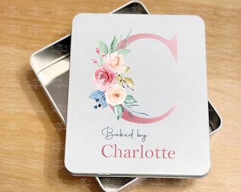 Personalised biscuit tin, Floral initial treat tin, baking box, gift for Grandma, Christmas gift for her biscuits, Birthday gift, cake tin