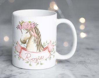 Mug de cheval personnalisé, mug de poney rose, design aquarelle, mug cadeau, juste une fille qui aime les chevaux, cadeau de cheval pour les filles, cadeau de Noël