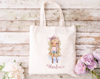 Personalised tote bag, fashion girl, character bag, reusable cotton shopping bag, beach bag, gift for her, Made to be personalised