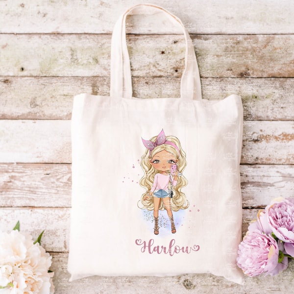 Personalised tote bag, fashion girl, character bag, reusable cotton shopping bag, beach bag, gift for her, Made to be personalised