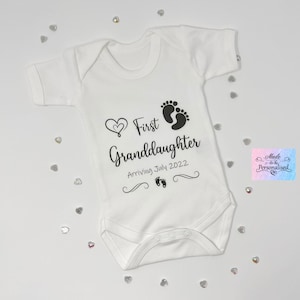 Personalised baby announcement grandchild, First Granddaughter, First Grandson, grandparents, cotton baby grow, Made to be Personalised