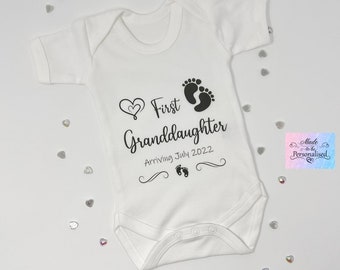 Personalised baby announcement grandchild, First Granddaughter, First Grandson, grandparents, cotton baby grow, Made to be Personalised