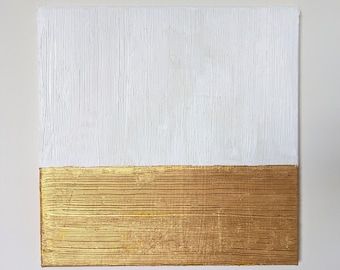 Gold-White Textured Canvas, Minimalist Abstract Painting, Modern Art