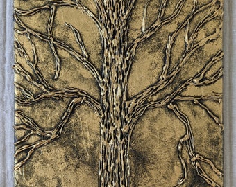 Tree of Life, Golden Textured Tree Acrylic Canvas Painting, Modern Art