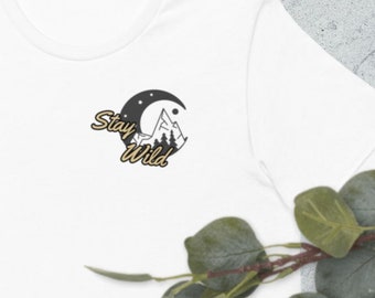 Stay Wild Mountains Moon Trees Geometric T-shirt, Country Western Tee Vintage Aesthetic Trendy T Shirt Cowboy Adventure Outdoorsy Nature Tee
