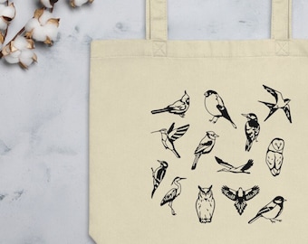 CUTE TOTE BAG, Tote Bag Aesthetic, Bird Printed Modern Artwork Canvas Tote Bag, Gift For Women, Organic Cotton Bird Watcher Tote Bag, Nature