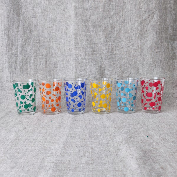 Ensemble de 6 verres à eau FRENCH vintage 70s Polka Dot Design Tumblers Points colorés marqués Made in France Sérigraphié MCM