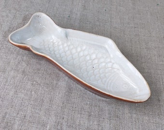 Vintage Cerámica Pescado Pudín Molde Terrina Mousse Gres Esmaltado L26 cm Marcado Bélgica Rústico Brocante Rural Náutico Costero