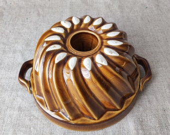 SALE!!! Heavy Vintage Stoneware Kouglof Kugelhupf Bundt Cake Tin Pudding Bread Mold w/ 2 Handles in Ocher Brown Glaze Earthenware D20.5