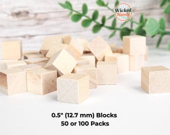 Cubos de madera de abedul sin acabado, 1/2 pulgada, paquete de 50 y paquete de 100, bloques de madera maciza para manualidades, suministros a granel para bricolaje, Montessori, arte