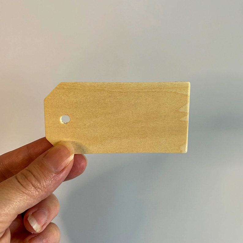 May include: A plain, light brown wooden tag with a hole in the top.