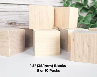 Cubos de madera de abedul sin acabado, de 3,8 cm (1,5 pulgadas), paquete de 5 o 10 unidades, bloques de madera maciza para Montessori, grabado DIY, arte en madera y proyectos de manualidades.