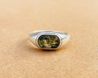 Moss Agate Ring, Men's Ring 925 Sterling Silver Ring Wedding Emerald Cut Ring Natural Moss Agate Jewelry Anniversary Gift For Men Ring Gift