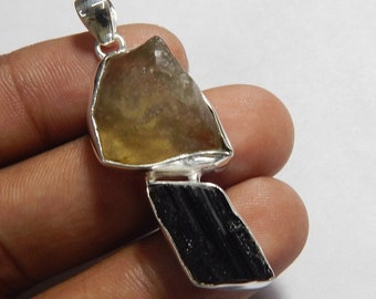 Libyan Desert Glass Pendant, Black Tourmaline Pendant, 925 Sterling Silver Pendant, Row Libyan Pendant, Libyan Tektite, Gift For Women