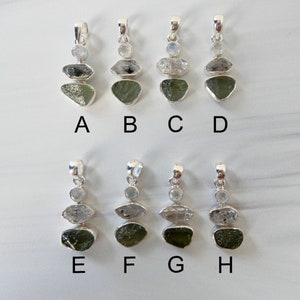 Genuine Moldavite Pendant, Authentic Moldavite Necklace, Herkimer Diamond Pendant, Silver Moldavite Pendant, Rainbow Moonstone Pendant