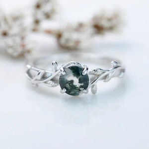 Moss Agate Engagement Ring Round Moss Agate Ring Delicate Leaf 925 Silver Ring Green Gemstone Solitaire Ring Women Promise Ring Handmade