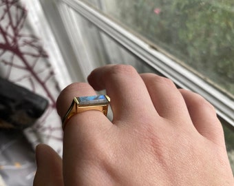 Rainbow Labradorite Ring, Rectangular Stone, Gemstone, Natural, 18k Gold Plated, Jewelry, Handmade, February Birthstone, Handmade Ring